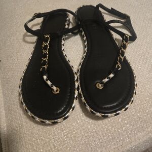 CHANEL Black and Gold Chain Sandals